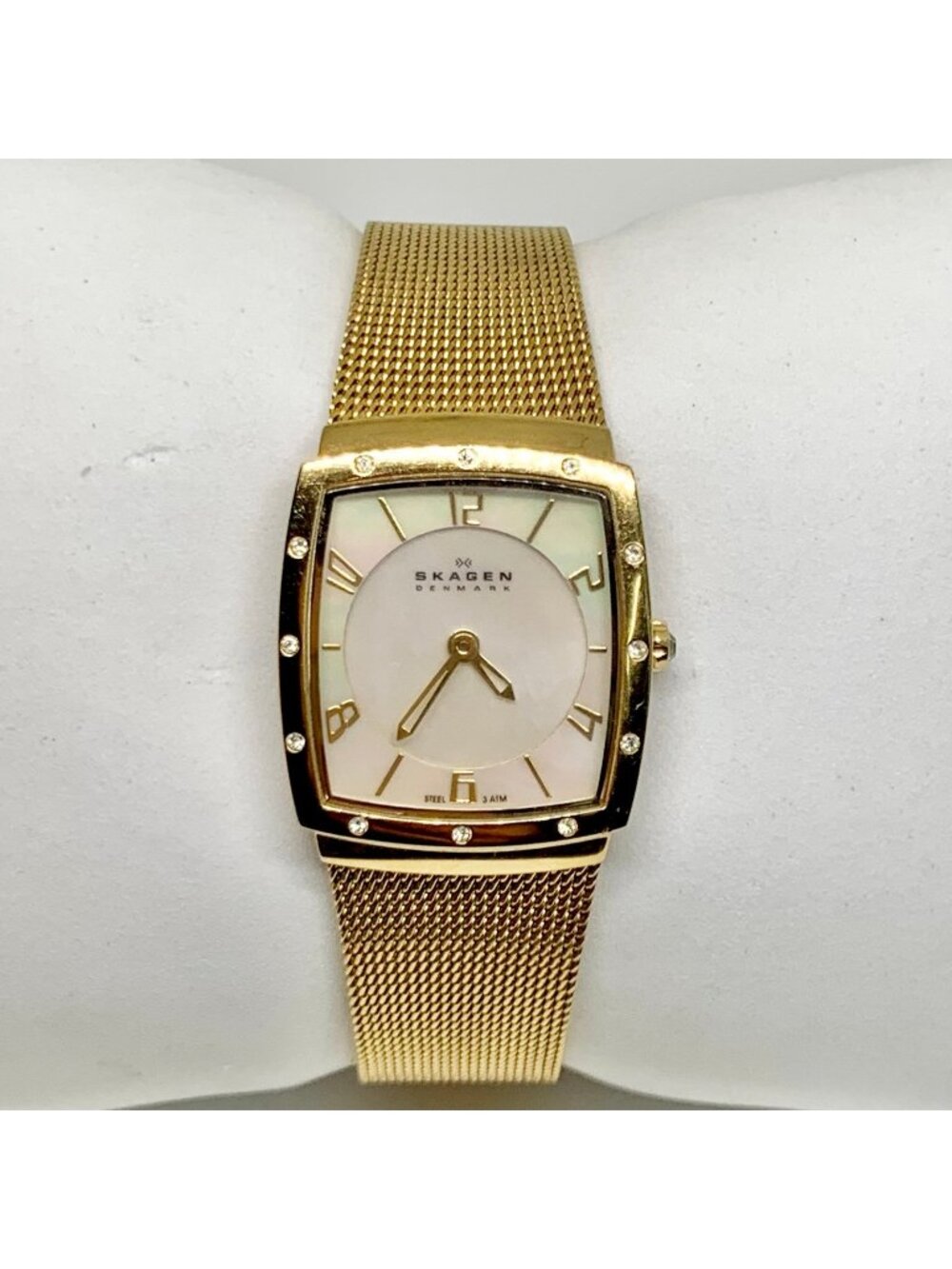 Skagen women’s watch 23mm gold tone mop dial quartz steel mesh band running